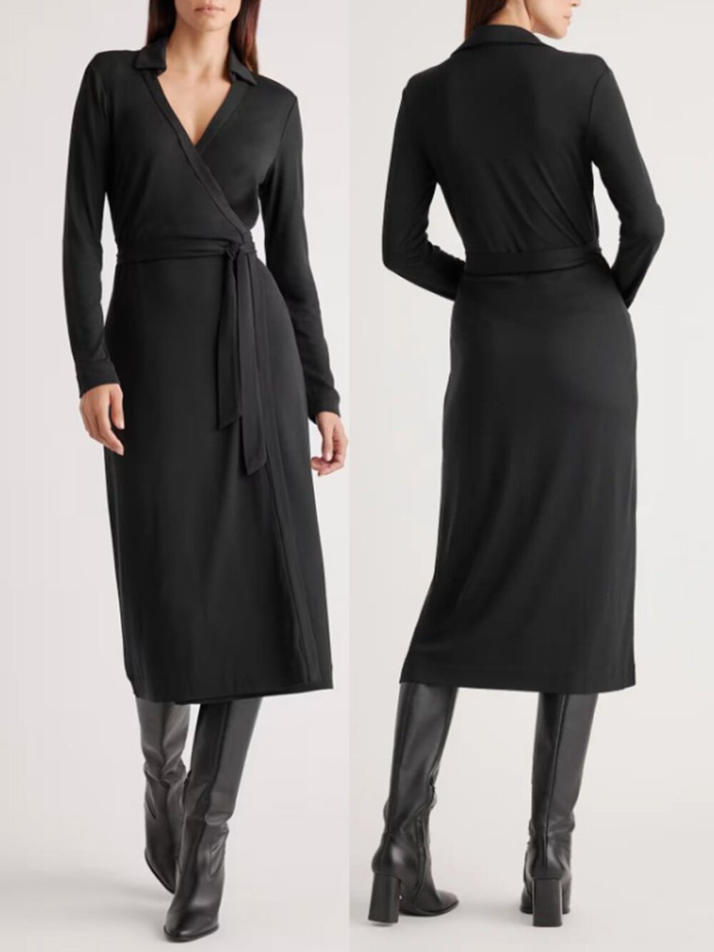 Quince 100% Silk Jersey Midi Wrap Dress Size XS Black Long Sleeve Collared $232